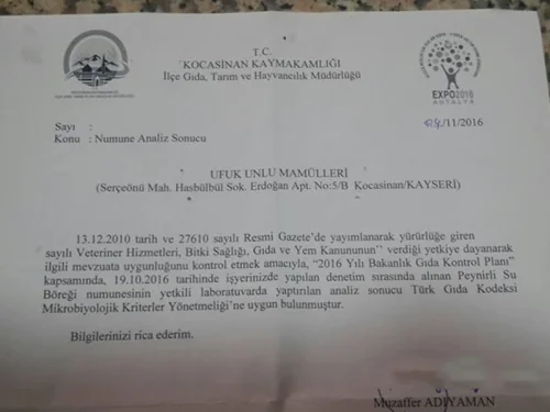 Kocasinan Kaymakamlığı numune analiz sonucu: uygun (2016)